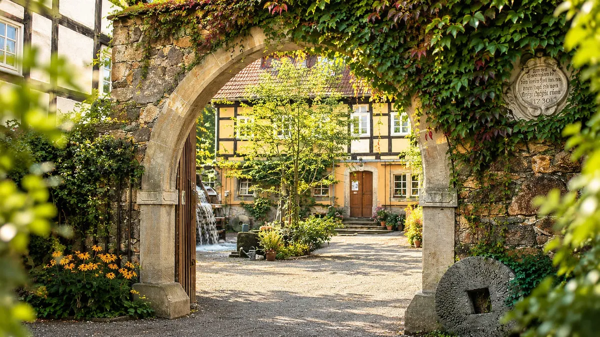 Historischer Mühlenhof unter Efeubogen und wildem Wein